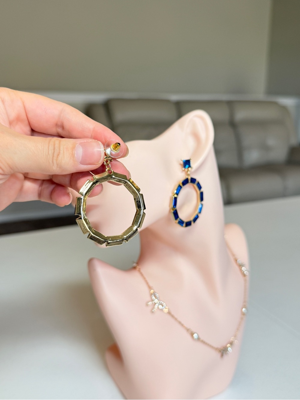 Gold-Tone Hoop Earrings with Blue Gemstones - Picture 8 of 13